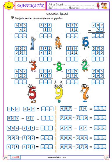 3. Sınıf  Matematik Çıkarma İşlemi Etkinliği 1